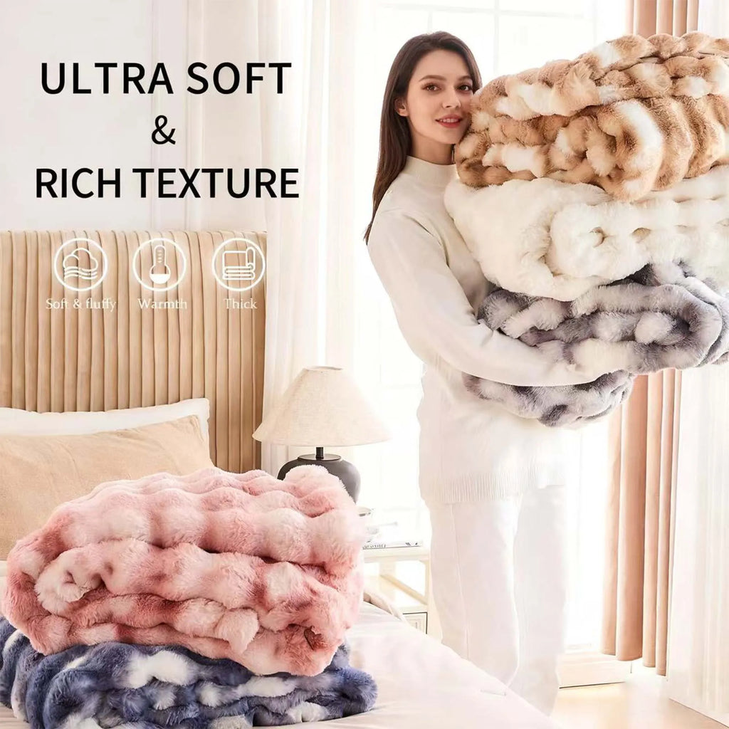 Luxe Bubble Minky Pluizige Zachte Decoratieve Deken Super Comfortabel Konijn Faux Bont Gooien Deken Voor Slaapbank Kantoor