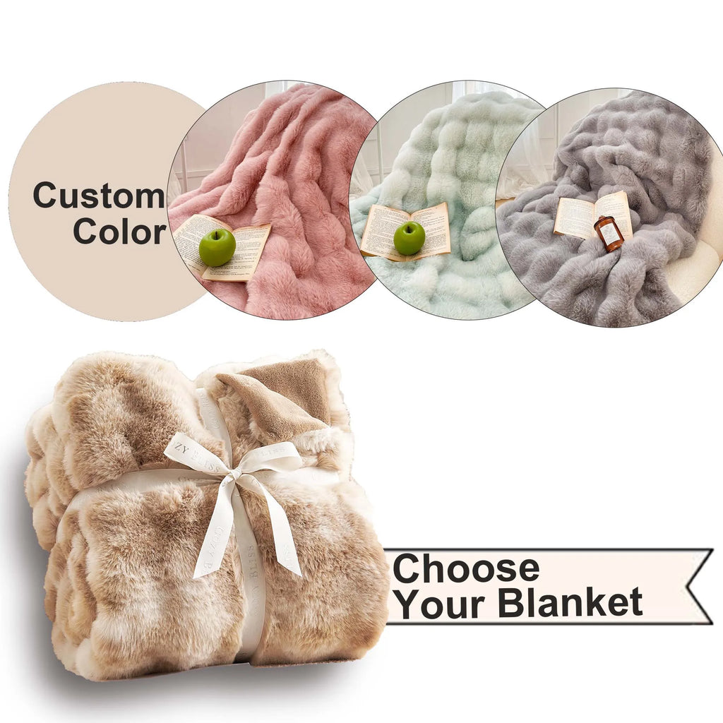 Luxe Bubble Minky Pluizige Zachte Decoratieve Deken Super Comfortabel Konijn Faux Bont Gooien Deken Voor Slaapbank Kantoor